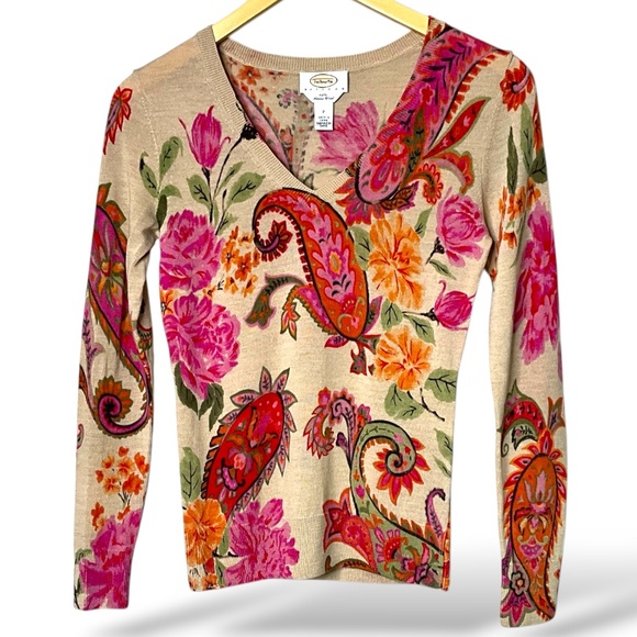 TALBOTS 100% Merino Wool Finely Knit Long Sleeve V-Neck Sweater Paisley Print S - Picture 4 of 9